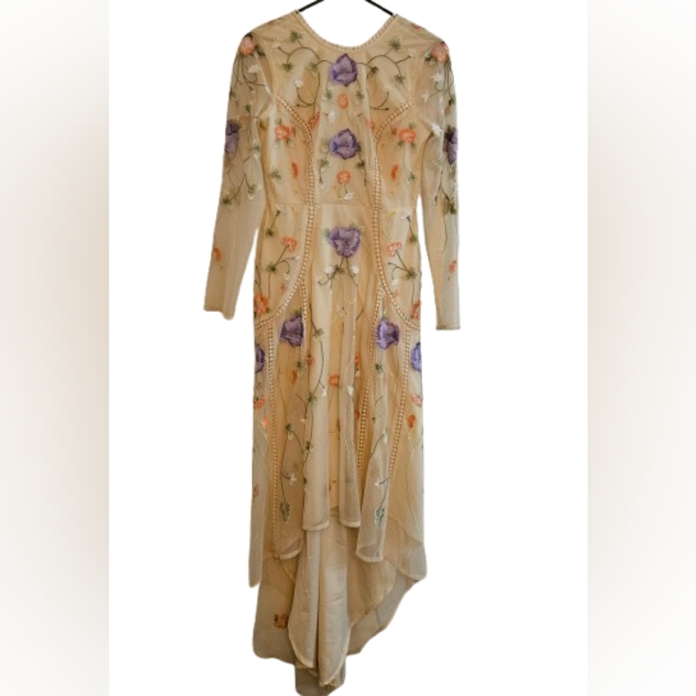 ASOS Cream Long Sleeve High Low Dress with Floral Embroidery Size 4
